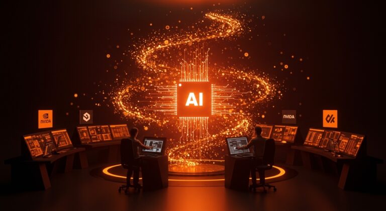 Inversión histórica de 110 mil millones en OpenAI liderada por Amazon, Nvidia y SoftBank, representada con flujos digitales y una metáfora visual de inteligencia artificial y funding tecnológico.