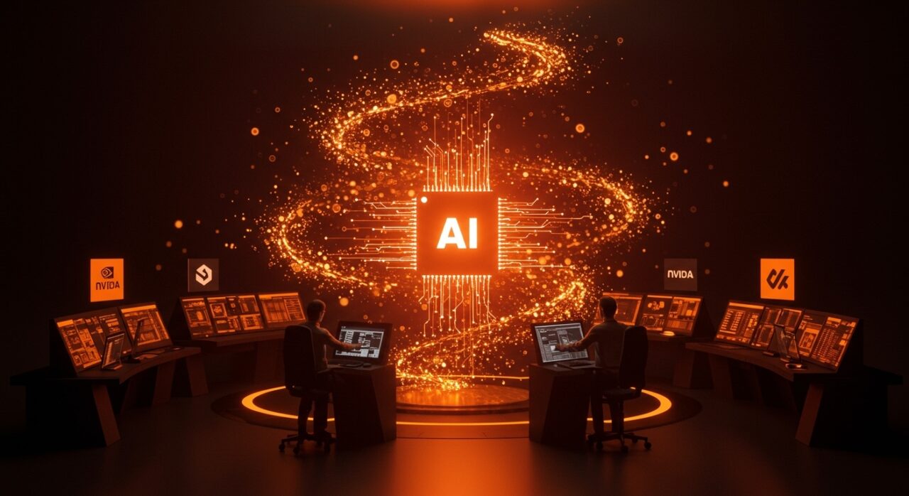 Inversión histórica de 110 mil millones en OpenAI liderada por Amazon, Nvidia y SoftBank, representada con flujos digitales y una metáfora visual de inteligencia artificial y funding tecnológico.