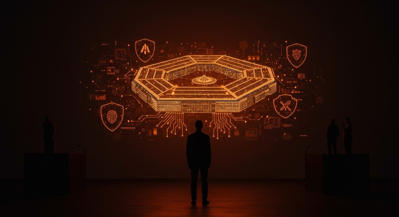 Sam Altman frente a un emblema digital del Pentágono iluminado en naranja y negro, simbolizando el contrato de OpenAI con el Pentágono y las salvaguardas técnicas en IA aplicada a defensa.