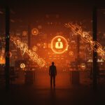 Empleado despedido por insider trading en mercados de predicción Polymarket, ilustrado con hologramas de blockchain y gráficos financieros en un entorno tecnológico.