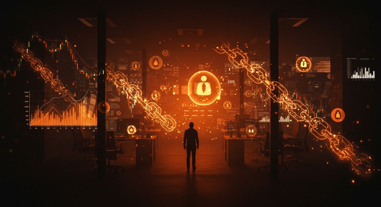 Empleado despedido por insider trading en mercados de predicción Polymarket, ilustrado con hologramas de blockchain y gráficos financieros en un entorno tecnológico.