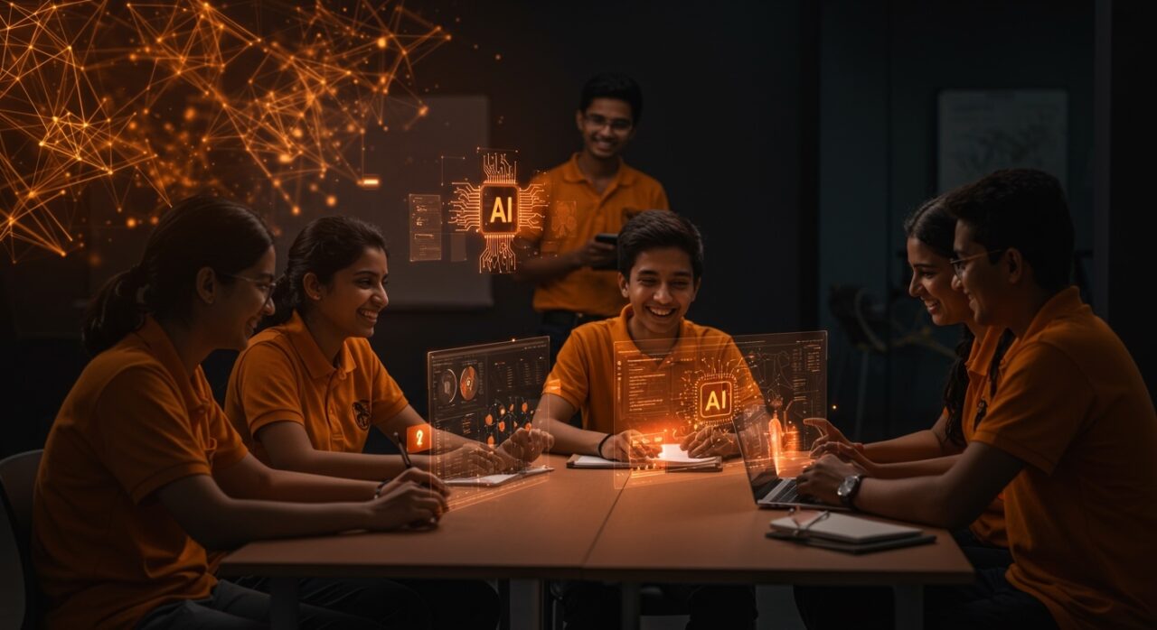 Estudiantes en India capacitados en inteligencia artificial por OpenAI en un aula tecnológica innovadora con hologramas y redes neuronales digitales.