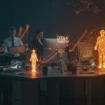 Plataforma OpenAI Frontier visualizada con agentes IA holográficos integrados en un ambiente empresarial, destacando automatización y tecnología avanzada.