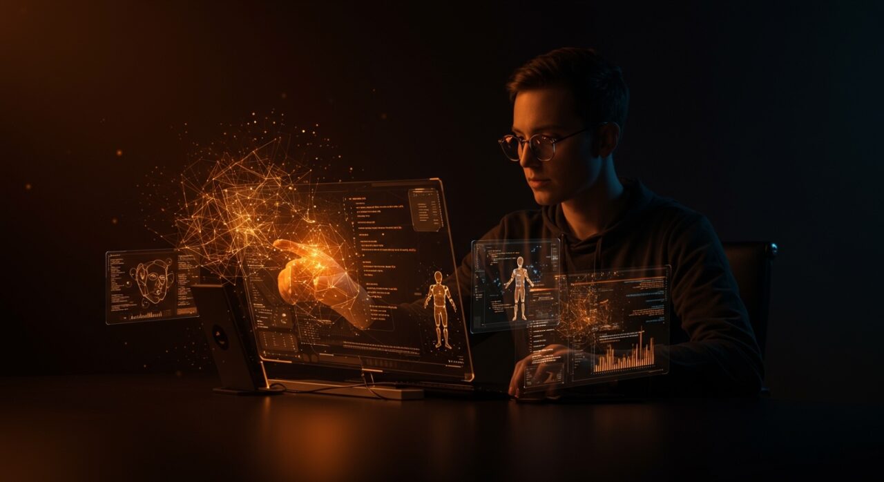 Fundador tecnológico trabajando con interfaces holográficas de codificación agentic del modelo GPT-5.3-Codex de OpenAI en ecosistema startup.