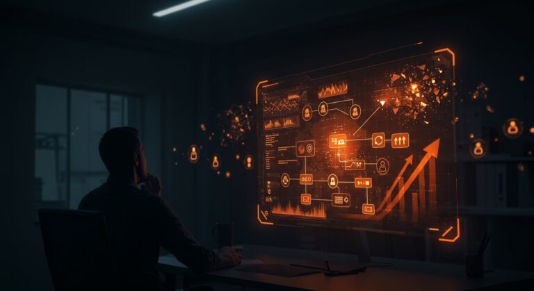 COO de OpenAI observando holograma de procesos empresariales con adopción parcial de IA empresarial y agentes de IA en ambiente oscuro con iluminación naranja y negra.