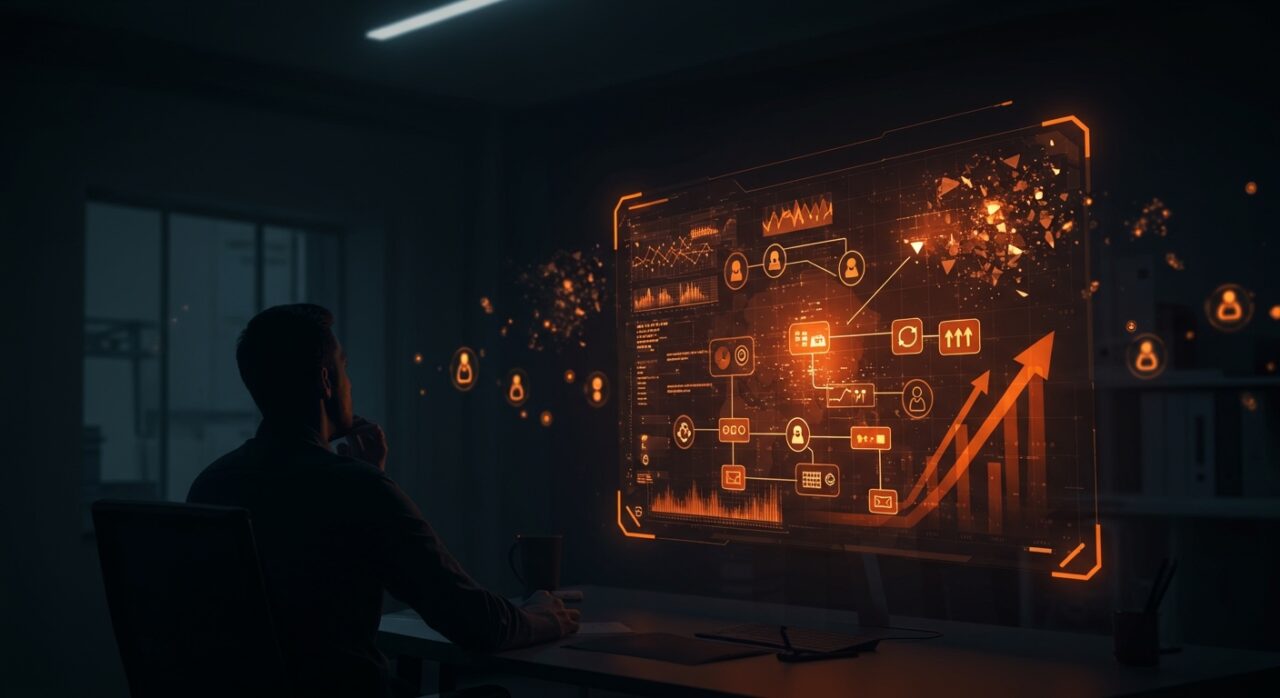 COO de OpenAI observando holograma de procesos empresariales con adopción parcial de IA empresarial y agentes de IA en ambiente oscuro con iluminación naranja y negra.