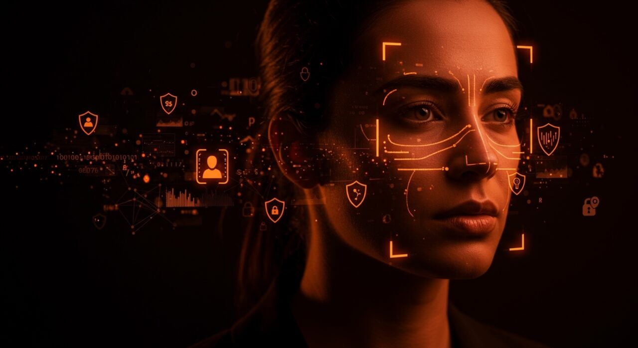 Interfaz biométrica avanzada con reconocimiento facial y flujos de datos en tonos naranjas y negros para vigilancia de identidad con IA, tecnología clave para startups y cumplimiento KYC.
