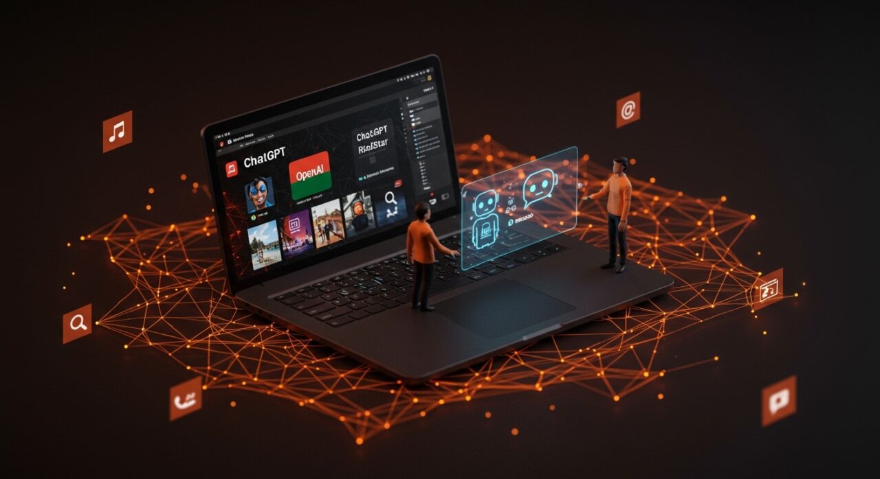 Integración de inteligencia artificial de OpenAI en JioHotstar con ChatGPT transformando la experiencia de streaming y búsqueda, ilustrado con un holograma de chatbot en una interfaz digital.