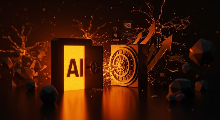 Imagen conceptual de la ronda histórica de financiación de OpenAI con $110 mil millones y participación de Amazon, Nvidia y SoftBank en el ecosistema startup de IA.