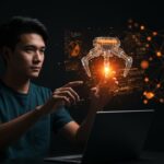 Fundador interactuando con una interfaz de IA lúdica en tonos naranja y negro, representando el aprendizaje acelerado en desarrollo de inteligencia artificial.