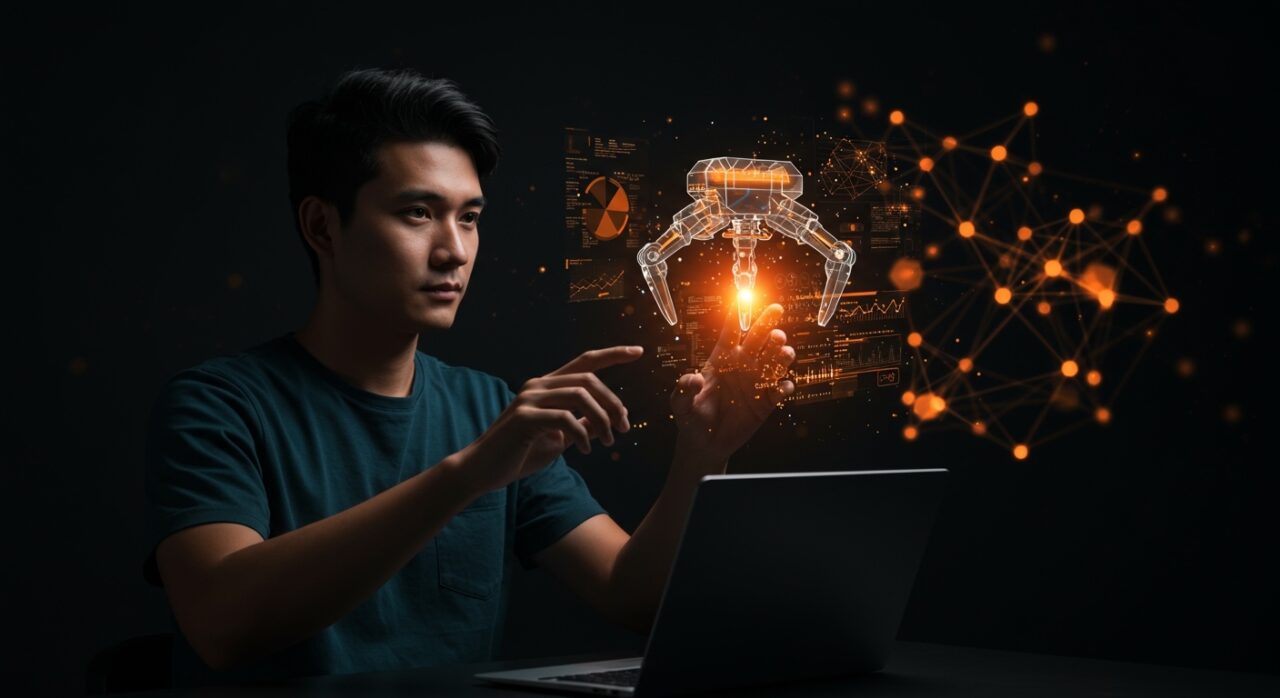 Fundador interactuando con una interfaz de IA lúdica en tonos naranja y negro, representando el aprendizaje acelerado en desarrollo de inteligencia artificial.