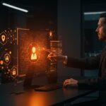 Líder empresarial interactuando con agentes de IA autónomos seguros, ilustrando la solución de seguridad IA OpenClaw for Enterprise de Runlayer.