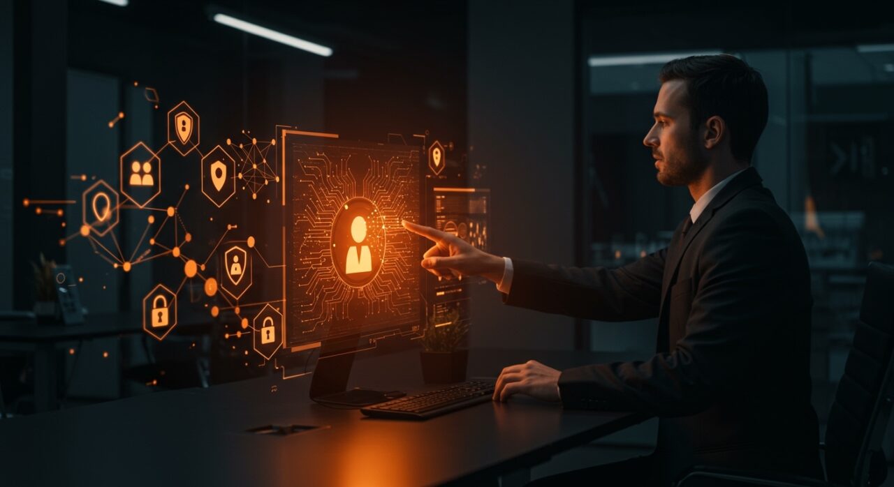 Líder empresarial interactuando con agentes de IA autónomos seguros, ilustrando la solución de seguridad IA OpenClaw for Enterprise de Runlayer.