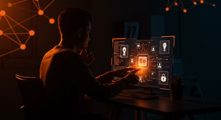 Desarrollador interactuando con interfaz holográfica que simboliza ética en inteligencia artificial y automatización open source en el ecosistema tecnológico.