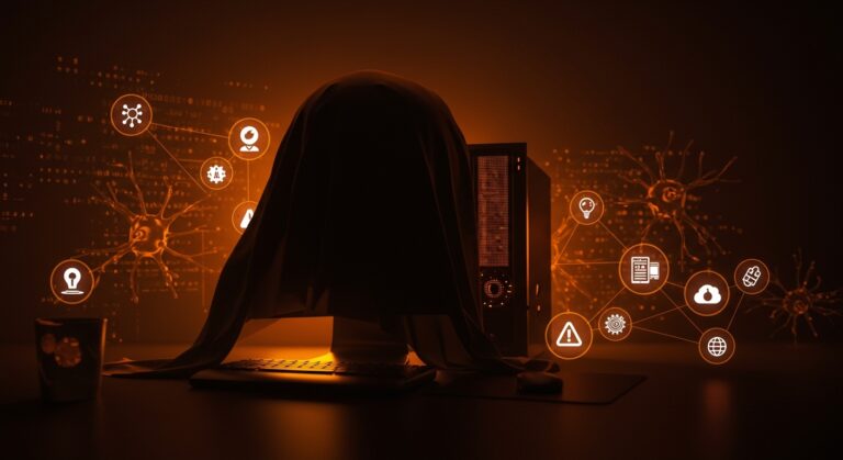 Ilustración conceptual de riesgos de seguridad al ejecutar OpenClaw en máquina principal y la implementación segura de agentes IA autohospedados con Docker y cloud para startups.