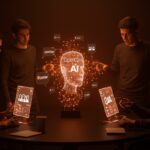 Fundadores latinoamericanos colaborando con agentes conversacionales de IA abiertos, simbolizando la democratización de la inteligencia artificial con OpenClaw y OpenAI.