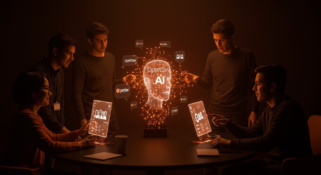 Fundadores latinoamericanos colaborando con agentes conversacionales de IA abiertos, simbolizando la democratización de la inteligencia artificial con OpenClaw y OpenAI.