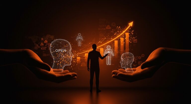 Líder interactuando con agentes de inteligencia artificial abierta, representando la democratización y comunidad en IA con OpenClaw y OpenAI.