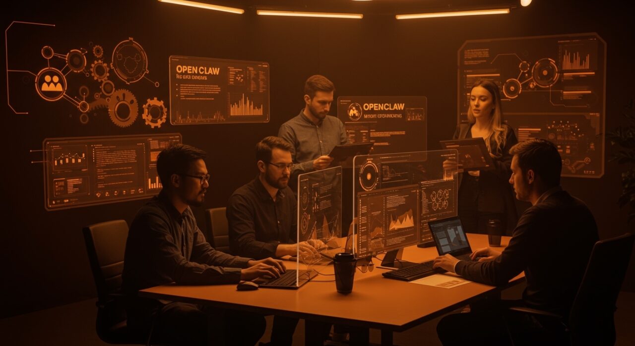 Fundadores y desarrolladores colaborando con OpenClaw para optimizar la productividad y automatización en startups tecnológicas.