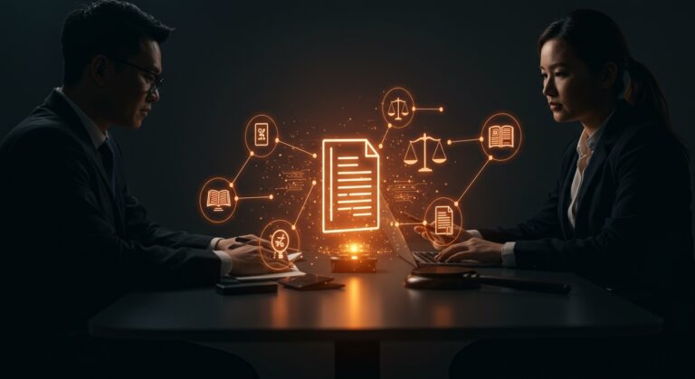 Equipo legal usando IA para investigación con fuentes primarias verificables en una plataforma legaltech avanzada.