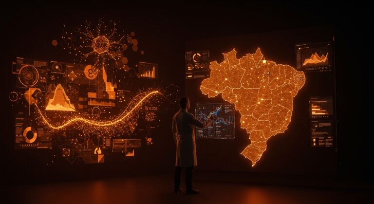 Visualización de inteligencia artificial mapeando ecosistemas de innovación en Brasil con datos abiertos y tecnología startup.