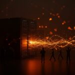 Oposición pública frente a centros de datos de infraestructura IA representada con barreras digitales y protestas, ilustrando políticas restrictivas en tecnología.
