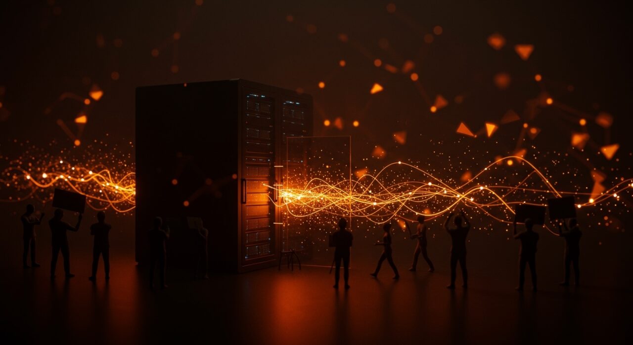 Oposición pública frente a centros de datos de infraestructura IA representada con barreras digitales y protestas, ilustrando políticas restrictivas en tecnología.