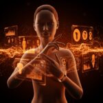 Modelo de IA propietario de Oura para salud femenina mostrando tecnología avanzada en salud reproductiva con hologramas y datos de ciclos menstruales y menopausia.