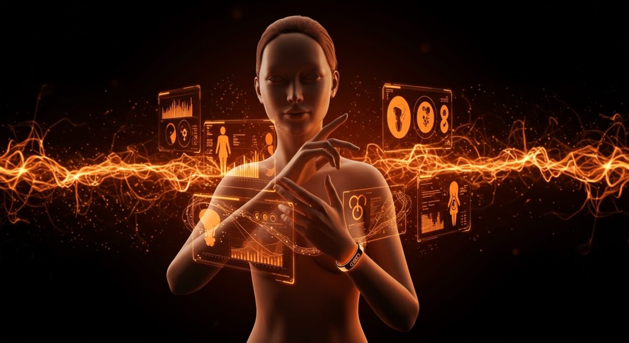 Modelo de IA propietario de Oura para salud femenina mostrando tecnología avanzada en salud reproductiva con hologramas y datos de ciclos menstruales y menopausia.