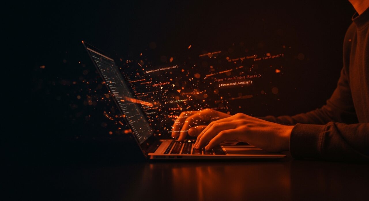 Desarrollador usando herramientas de compilación JavaScript en Rust con visuales abstractas que representan optimización y rapidez para startups ágiles.