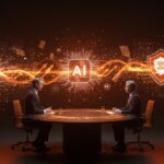 Batalla política entre PACs de IA sobre la regulación y financiación, representada con redes neuronales y símbolos legales, en contexto de innovación startup.