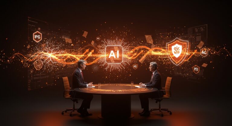 Batalla política entre PACs de IA sobre la regulación y financiación, representada con redes neuronales y símbolos legales, en contexto de innovación startup.