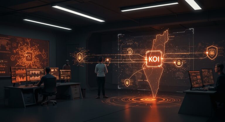 Adquisición tecnológica de startup israelí Koi por Palo Alto Networks enfocada en ciberseguridad para IA agéntica con representación visual de redes neuronales y seguridad digital.