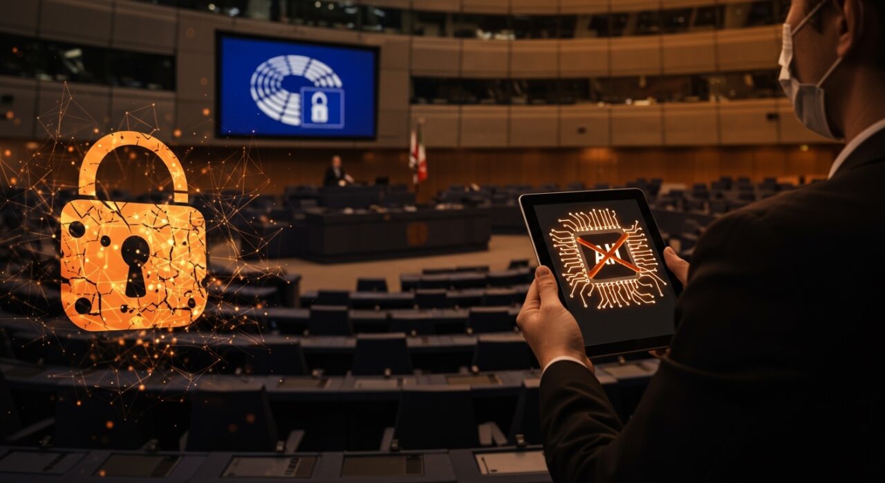 Parlamento Europeo deshabilitando funciones de inteligencia artificial por temas de privacidad y seguridad en dispositivos de trabajo.