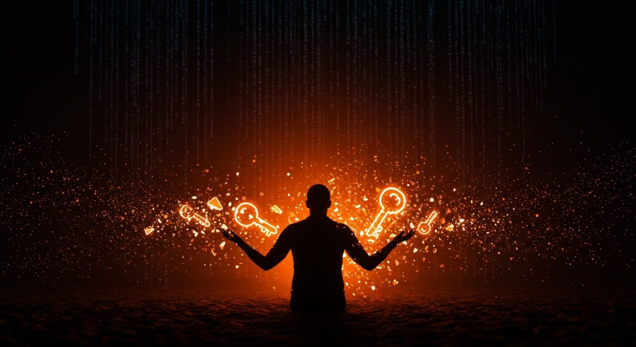 Ilustración conceptual que muestra los riesgos de usar passkeys para cifrado de datos, destacando la seguridad digital y protección de usuarios en startups.