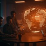 Fundadores de startups colaborando con visualizaciones de inteligencia artificial y conexiones internacionales, ilustrando tendencias clave en VC y la expansión global de Peak XV.