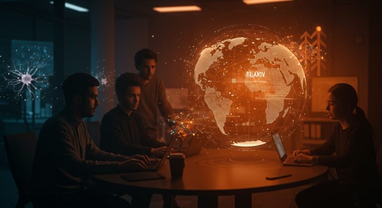 Fundadores de startups colaborando con visualizaciones de inteligencia artificial y conexiones internacionales, ilustrando tendencias clave en VC y la expansión global de Peak XV.