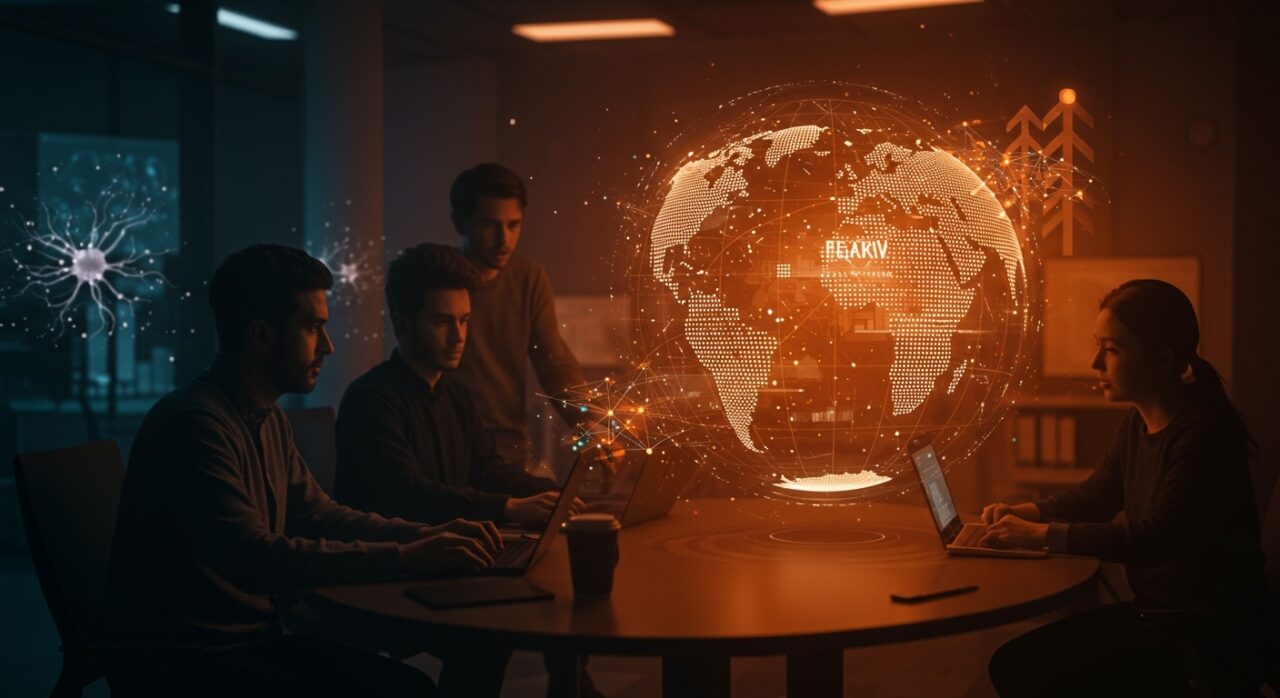 Fundadores de startups colaborando con visualizaciones de inteligencia artificial y conexiones internacionales, ilustrando tendencias clave en VC y la expansión global de Peak XV.