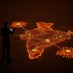 Estrategia de inversión en IA y fintech en India representada con mapa digital y redes neuronales en colores naranjas y negros del ecosistema startup.