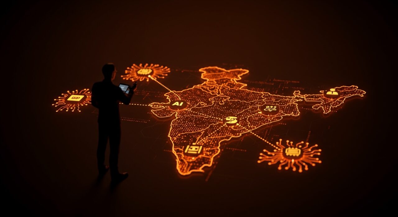 Estrategia de inversión en IA y fintech en India representada con mapa digital y redes neuronales en colores naranjas y negros del ecosistema startup.