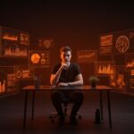 Founder aplicando pensamiento crítico frente a representaciones visuales de sesgos cognitivos y replicabilidad científica en decisiones estratégicas de startups.