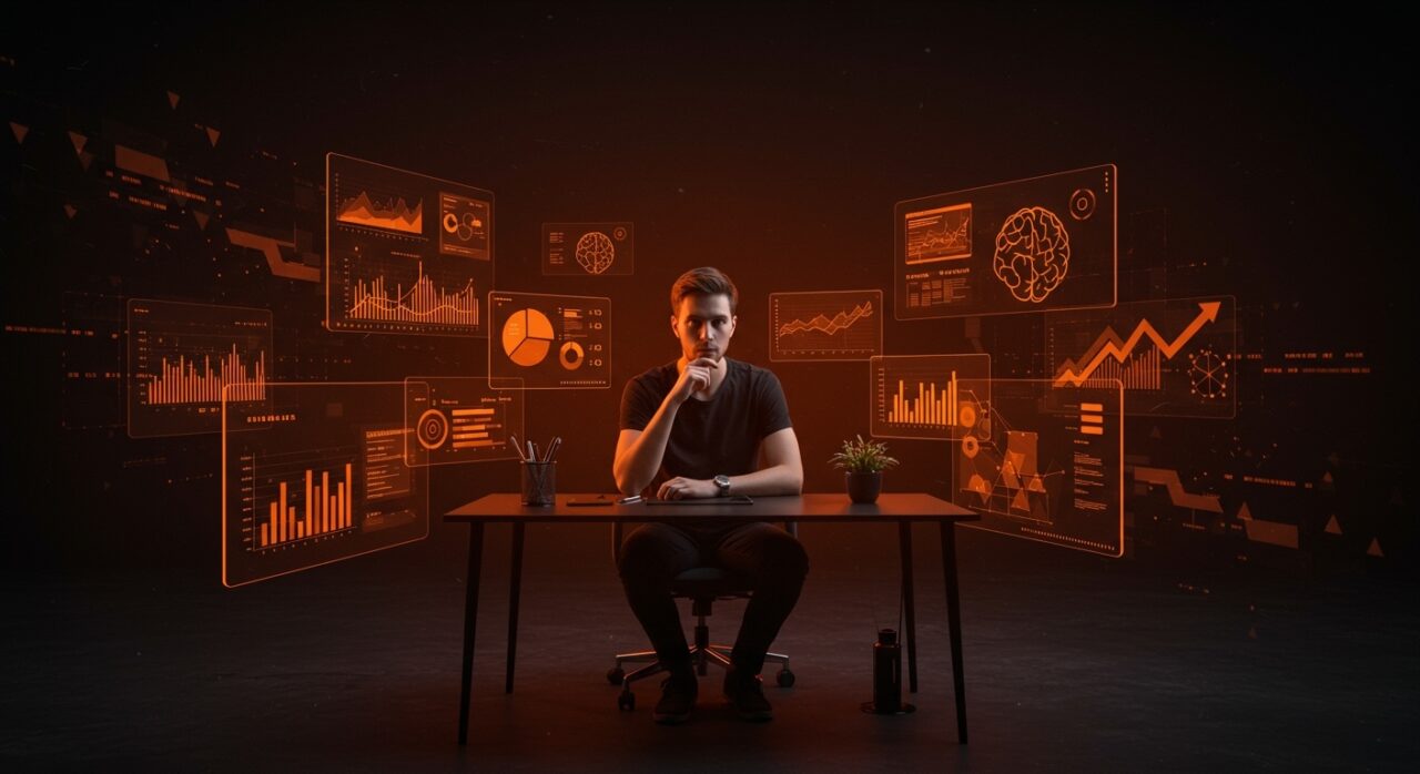 Founder aplicando pensamiento crítico frente a representaciones visuales de sesgos cognitivos y replicabilidad científica en decisiones estratégicas de startups.