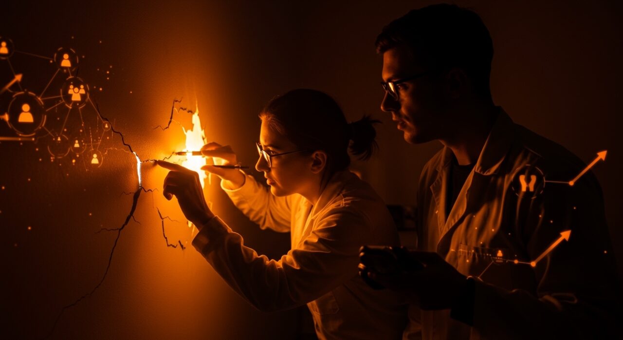 Equipo de investigación criminal analizando detalle en pared, simbolizando perseverancia, atención al detalle y trabajo en equipo en resolución de problemas.