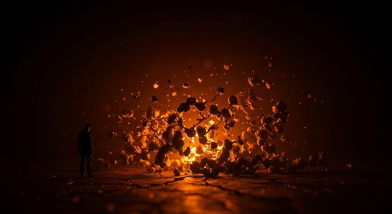 Peter Attia dejando un startup healthtech simbolizado por estructuras digitales fracturadas en tonos naranja y negro, reflejando una crisis reputacional en longevidad y tecnología médica.