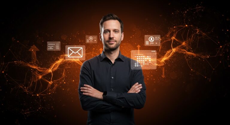 Peter Steinberger con hologramas del asistente de IA OpenClaw, simbolizando automatización y herramientas avanzadas de Inteligencia Artificial para startups.