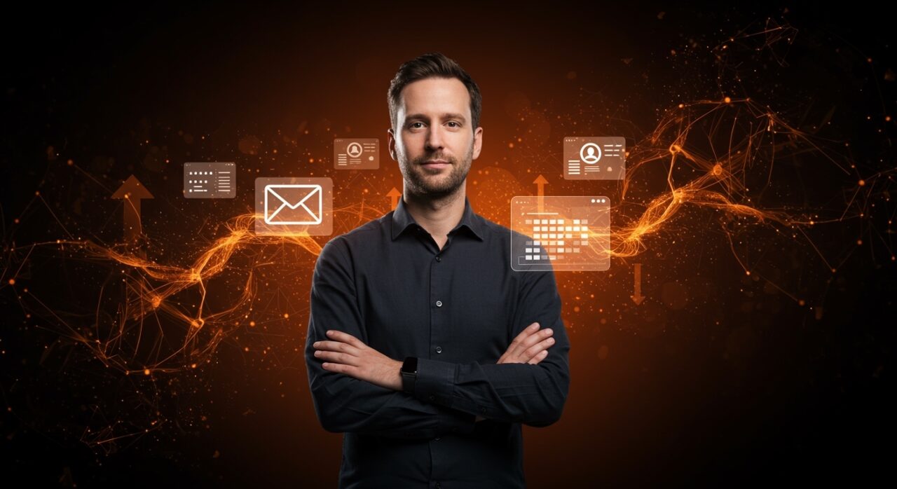 Peter Steinberger con hologramas del asistente de IA OpenClaw, simbolizando automatización y herramientas avanzadas de Inteligencia Artificial para startups.