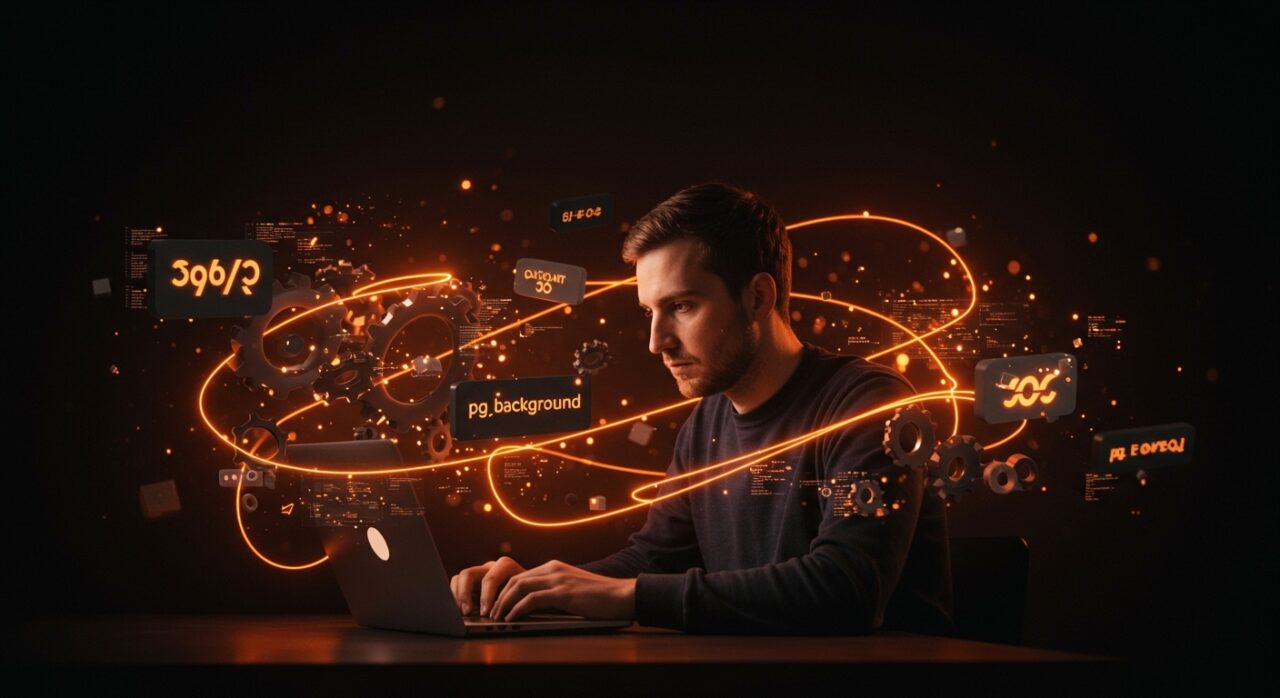 Desarrollador utilizando pg_background para ejecutar consultas SQL asíncronas optimizando bases de datos PostgreSQL en un entorno startup.