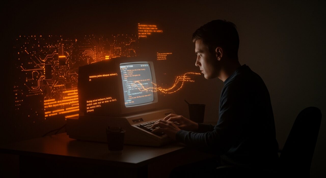 Programador desarrollando un intérprete Tcl minimalista en C, simbolizando la creación de lenguajes de programación y herramientas para desarrolladores en sistemas embebidos.