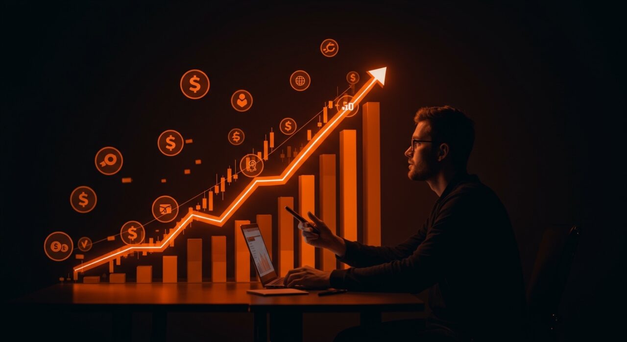 Valuación de $8 mil millones de Plaid reflejada en gráficos digitales ascendentes y fundador fintech, destacando la venta de acciones y crecimiento en startups de infraestructura.