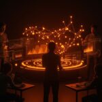 Plataforma Polis open-source usando inteligencia artificial para consenso a escala en comunidades y startups con visualizaciones de clusters semánticos en colores naranja y negro.